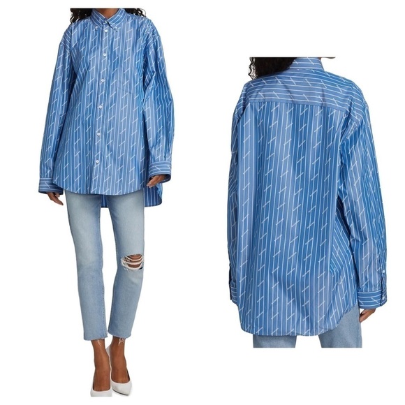 BALENCIAGA Logo Stripe Oversize Cotton Blend Button-Down Shirt